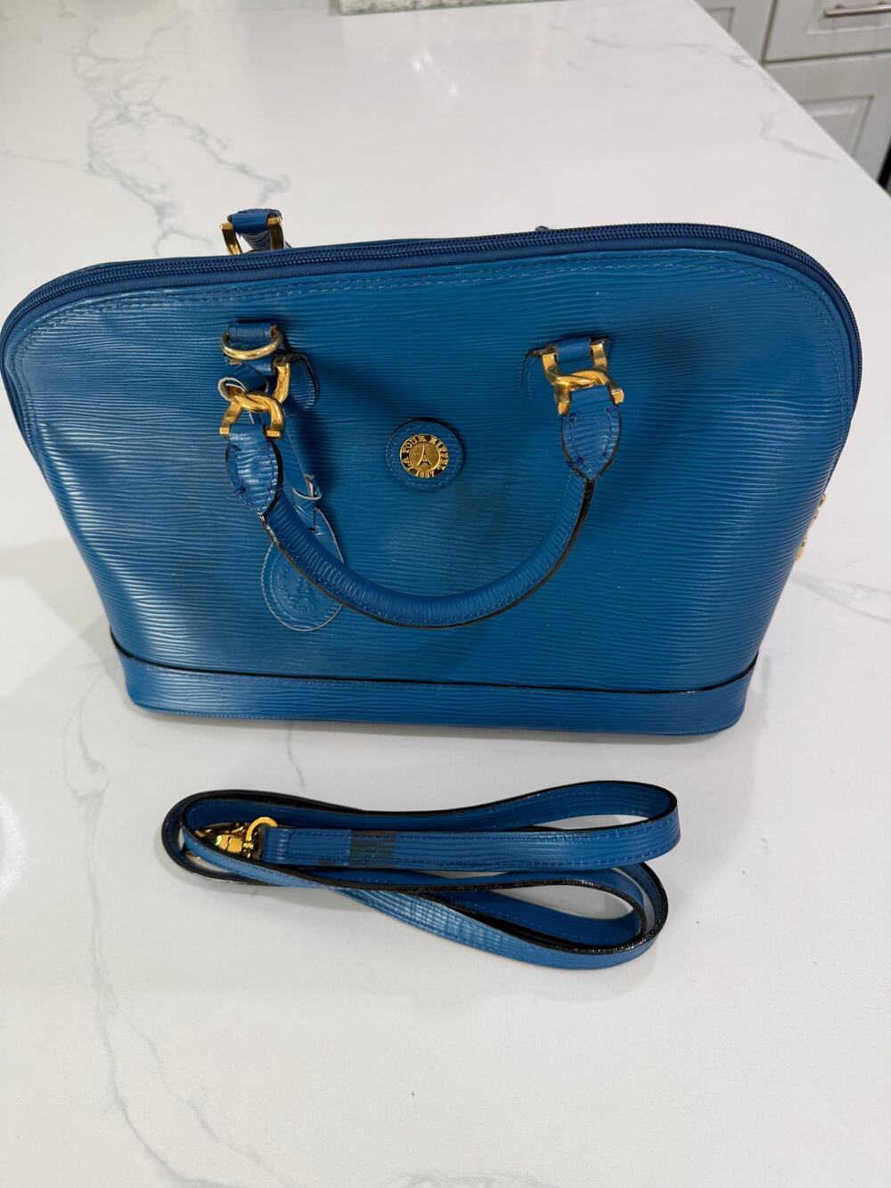 Blue Textured Leather Handbag w/ Gold Hardware & Strap